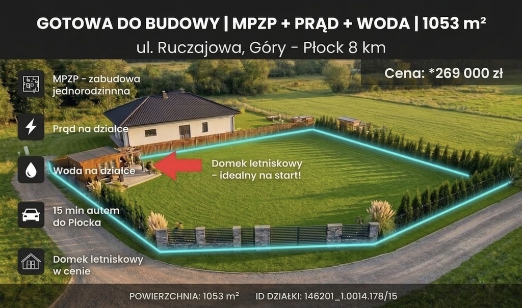 Działka 1052 m² Góry, media, MPZP, domek