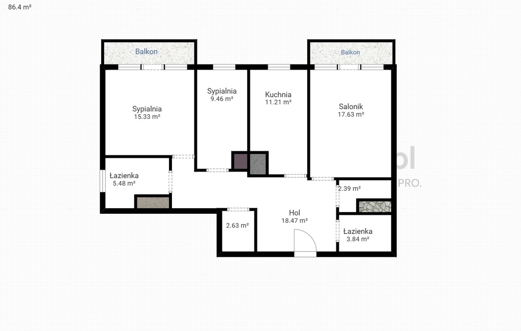 86,4 m² komfortu/2 balkony/2 łazienki/2 garderoby