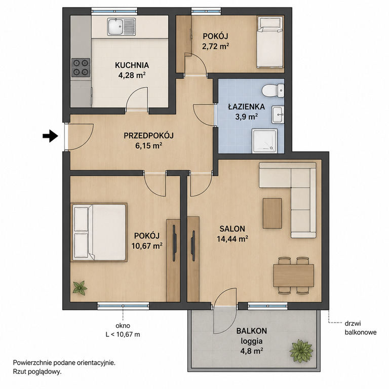 Rzeszów ul. Warszawska 50,93 m2 I piętro, balkon