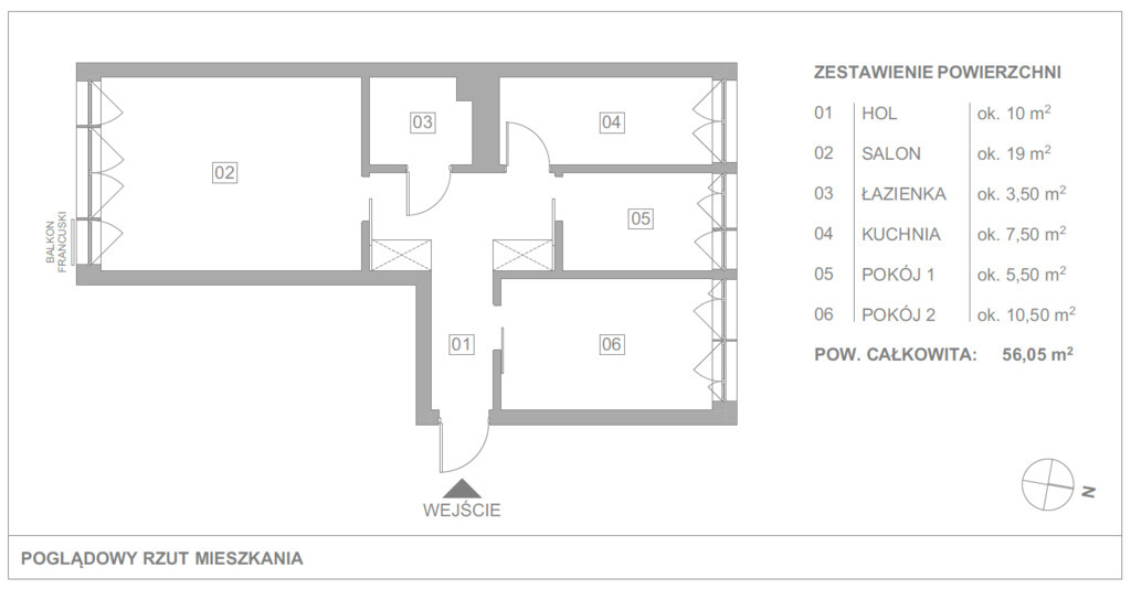 3 pokoje | 56,05 m² | Śródmieście Szczecina